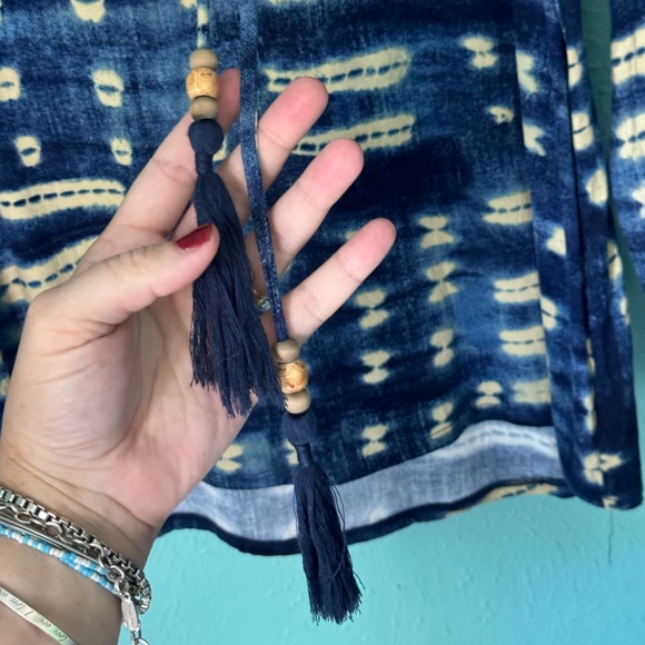 Chaser Long Sleeve Wood Button Tie Dye Tassel Lace Up Top - Picture 2 of 6